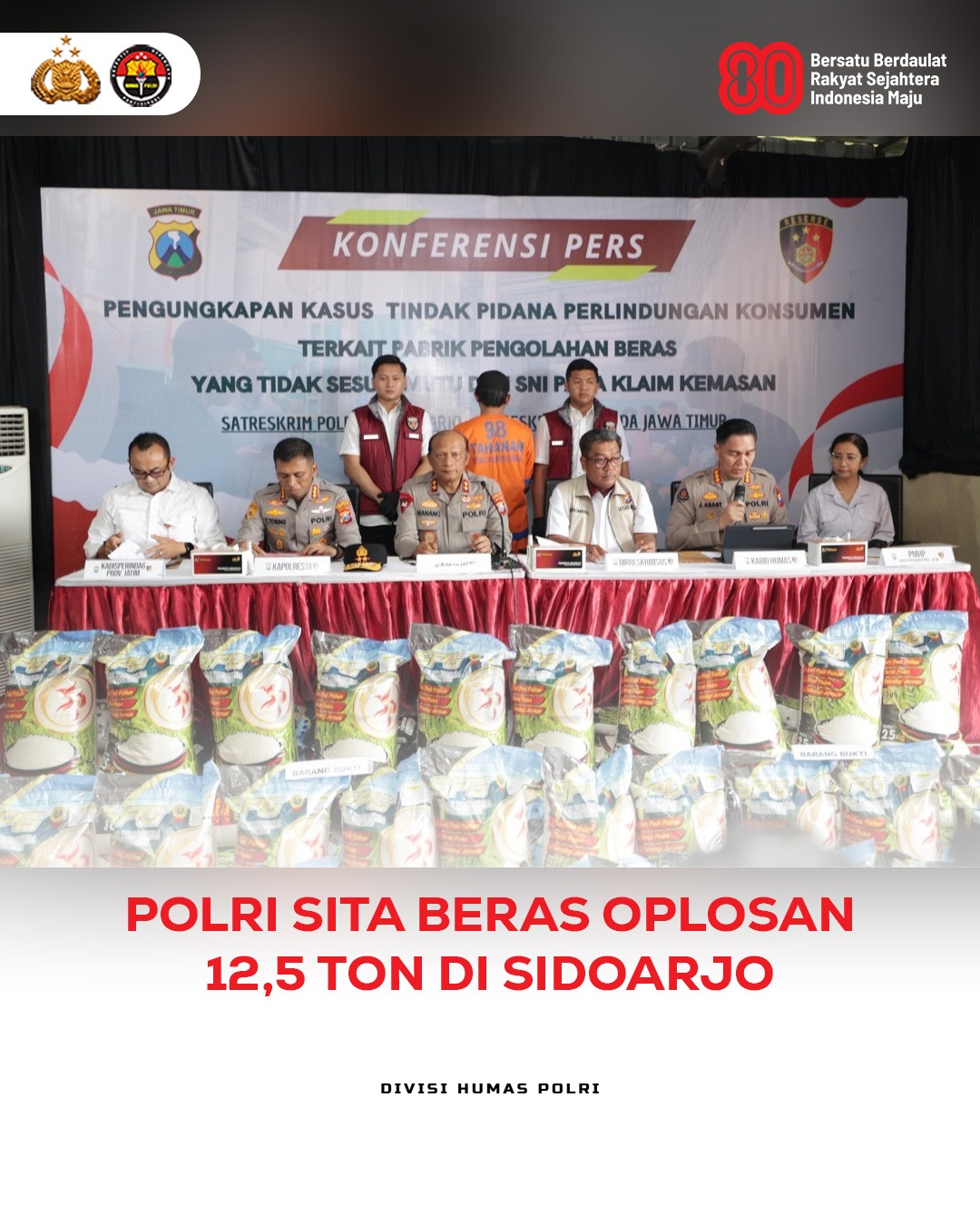 Satgas Pangan Polri Sita 12,5 Ton Beras Oplosan di Sidoarjo